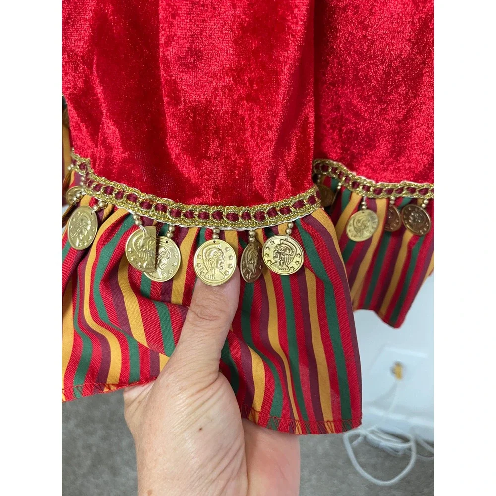 Fortune Teller Gypsy Costume Girls Medium 8-10 Red Velvet Gold Coin Sequin Dress